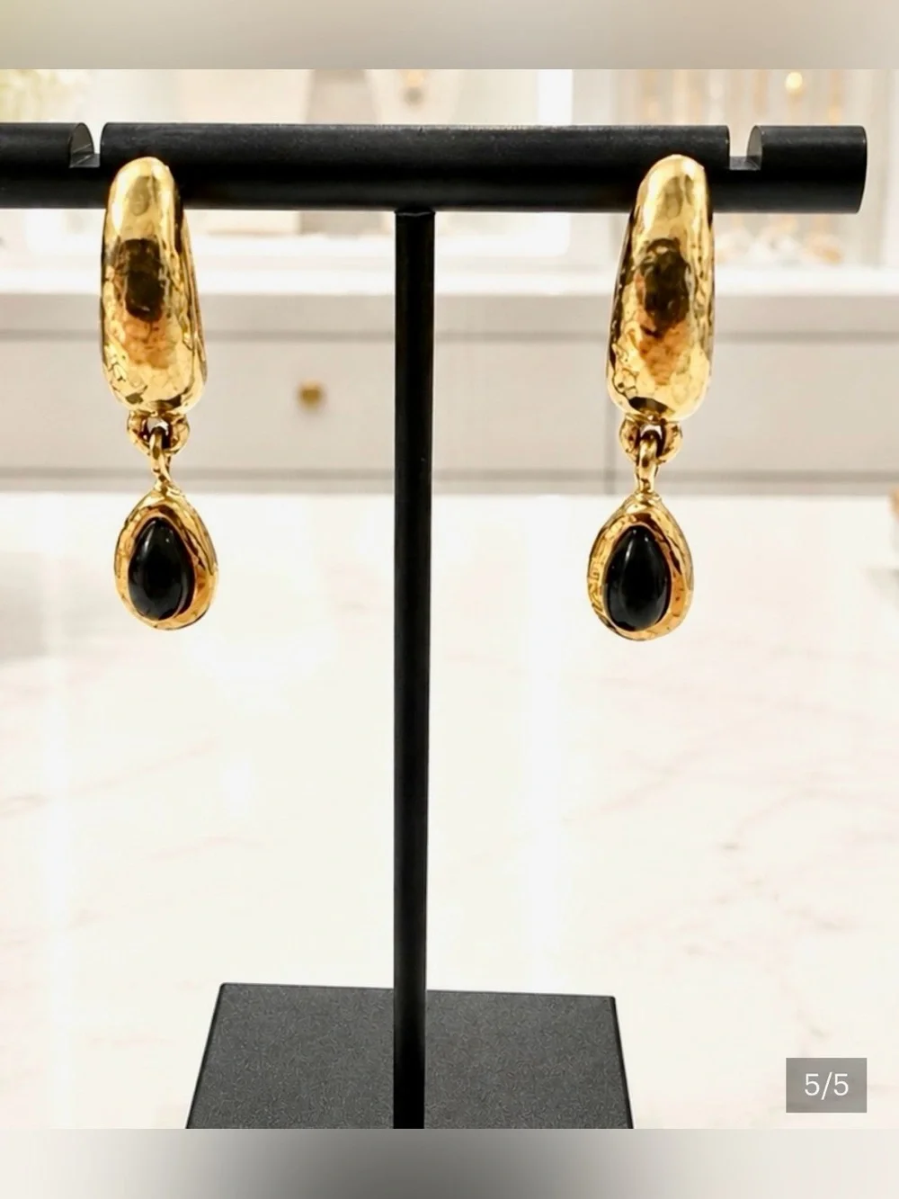 Gold Teardrop Black Stone Dangle Earrings - Elegant Women's Jewelry